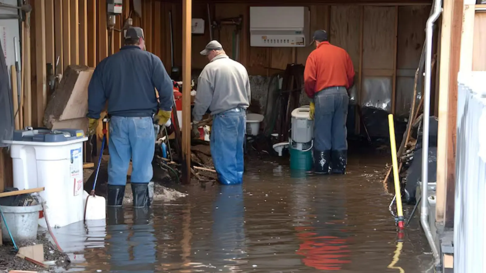 Restoration crew in rubber boots working through standing water in a flooded basement